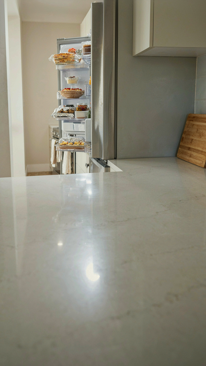 A clean kitchen counter before a party, with appetizers stored in the fridge.