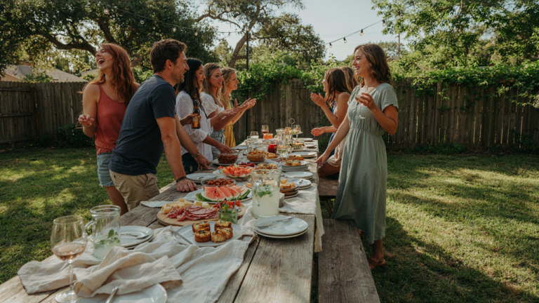 An outdoor party table filled with many plates of delicious make ahead party food dishes.