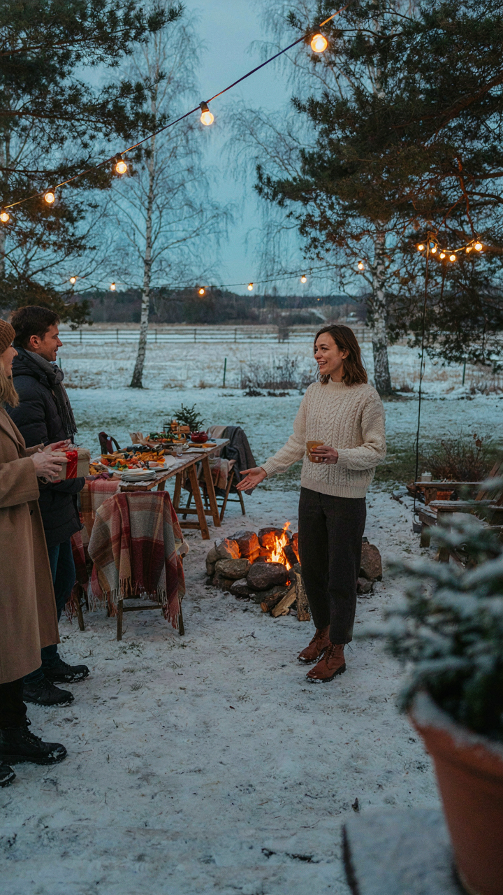 Guests arrive at a well-decorated winter fire pit party.