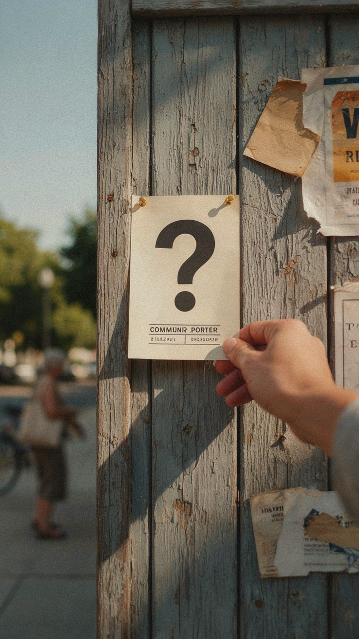 An intriguing flyer with a question mark on a community bulletin board.