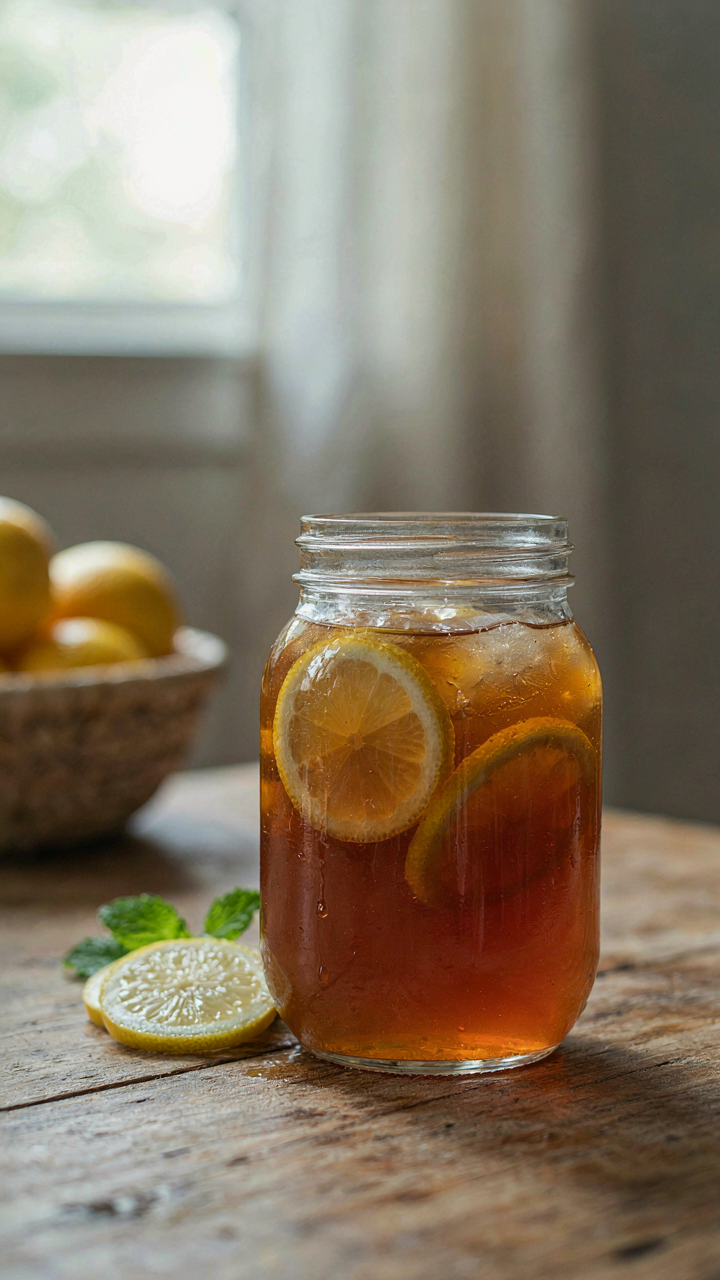 A clear mason jar with iced tea and lemon sits on a wooden table.
