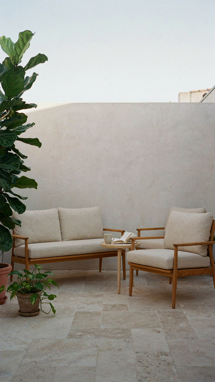 A simple, elegant patio with essential furniture and a few well-placed plants.