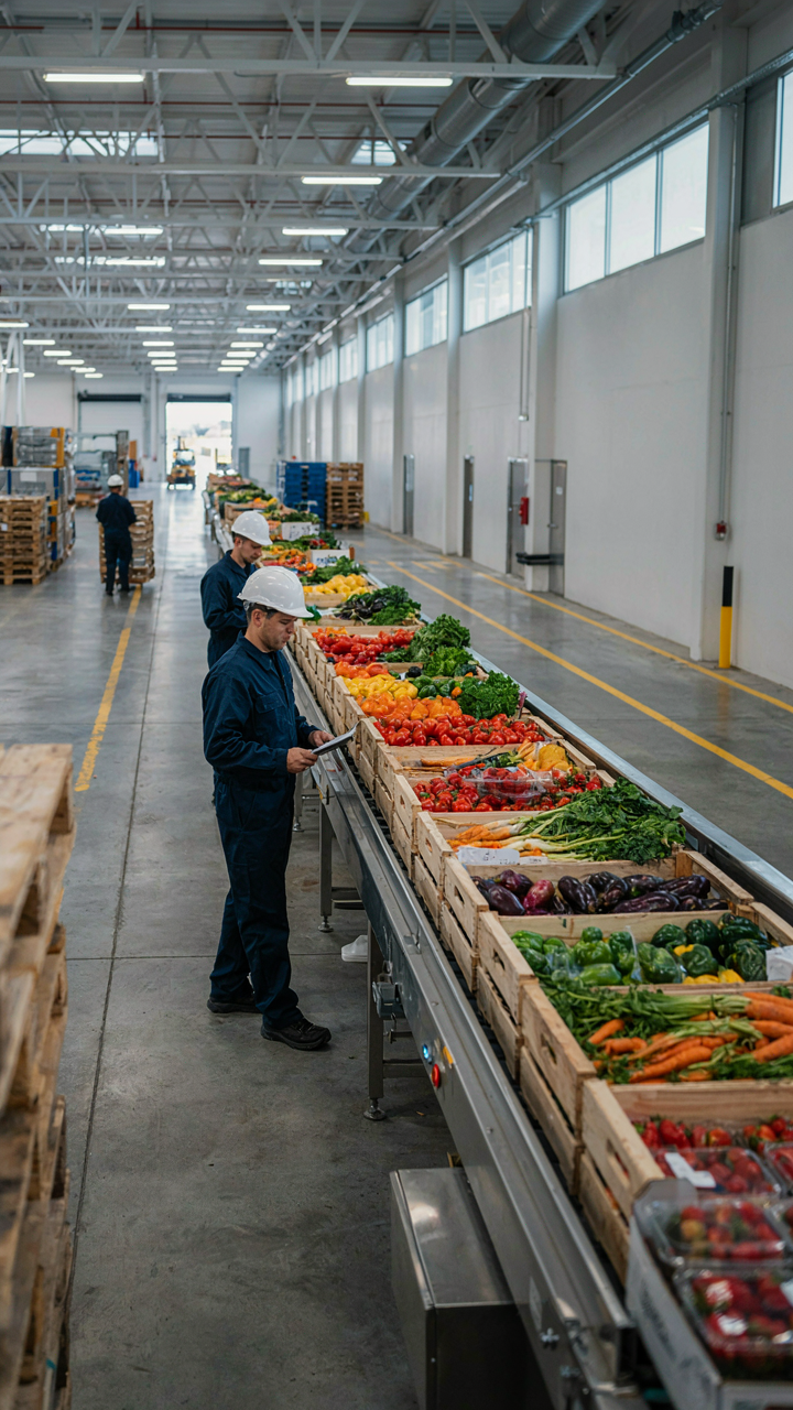 A conveyor belt moves organized boxes of fresh produce in a warehouse.