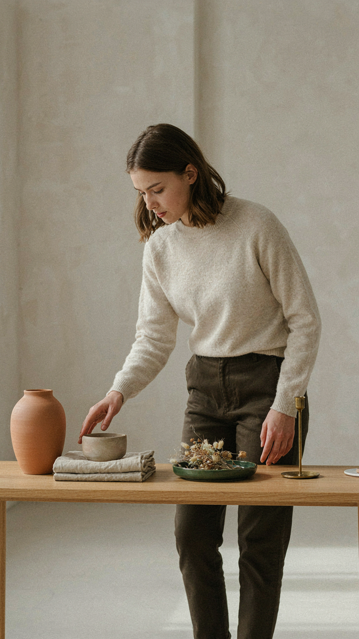 A person carefully picks one item from a small display.