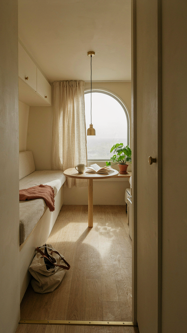 A very clean and simple vintage camper interior with light colors.