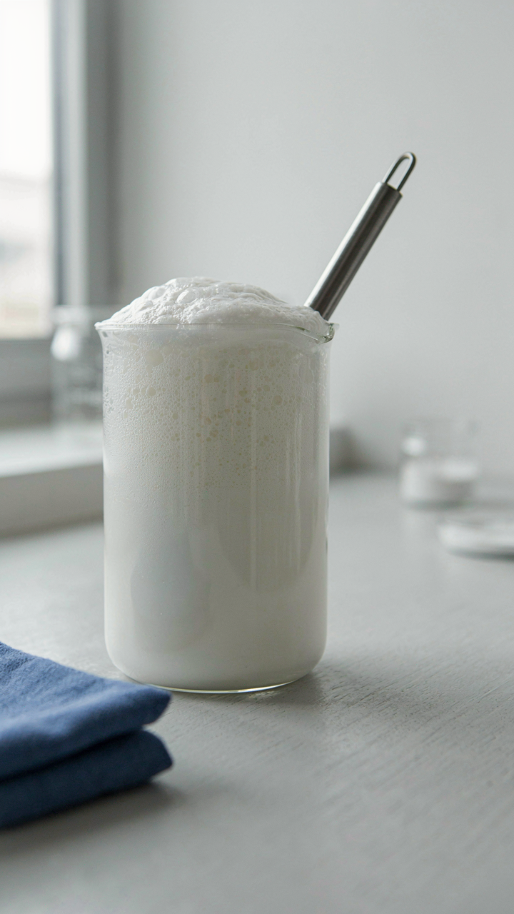 A scientific beaker holds stable, thick foam on a clean lab bench.