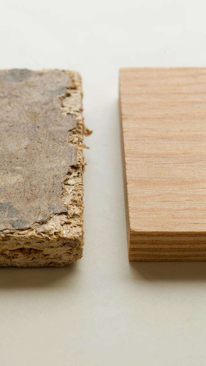 A crumbling piece of particle board sits next to strong, intact plywood.