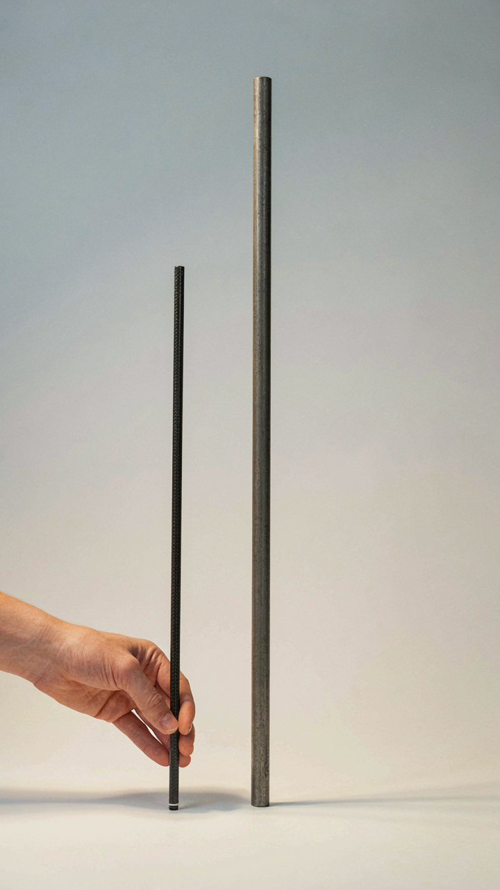 A hand holding a light carbon fiber rod and a heavy steel rod.