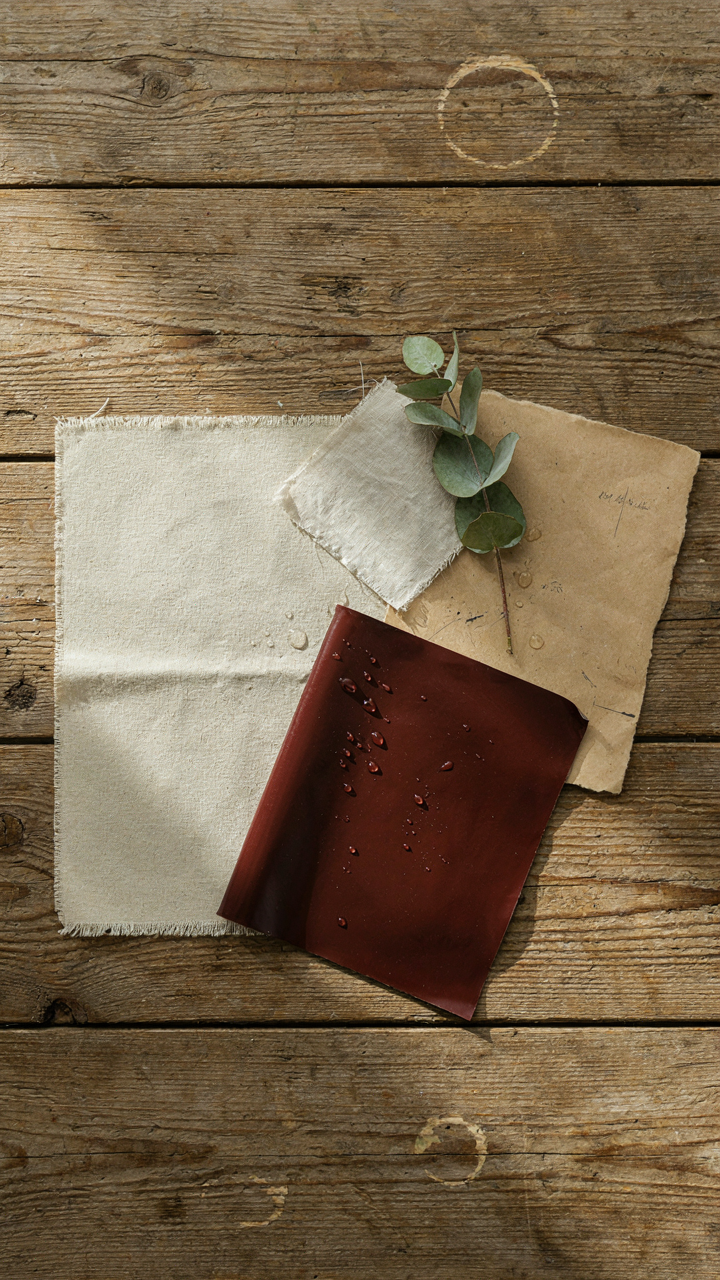 Different fabric types like canvas and vinyl lay on a wooden table.