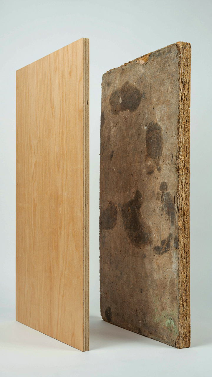 Pristine marine-grade plywood sits next to warped, rotting particle board.