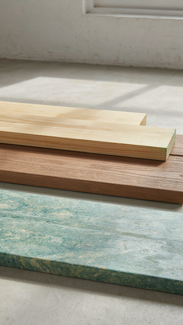 Different building materials like lumber and composite planks are ready for use.