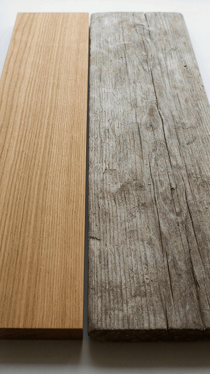 One new and one old piece of wood, showing different textures and colors.