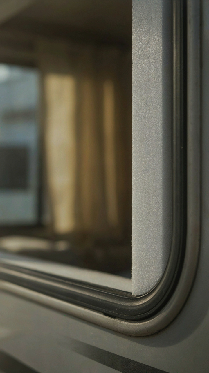 A close-up of an RV window with a fitted foam board insert.