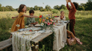 A beautiful outdoor meadow birthday party with a long table, wildflowers, and happy children.