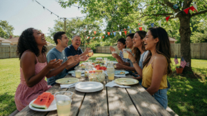 Friends laugh and eat at a picnic table for a memorial day backyard party.