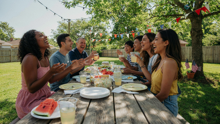 Friends laugh and eat at a picnic table for a memorial day backyard party.