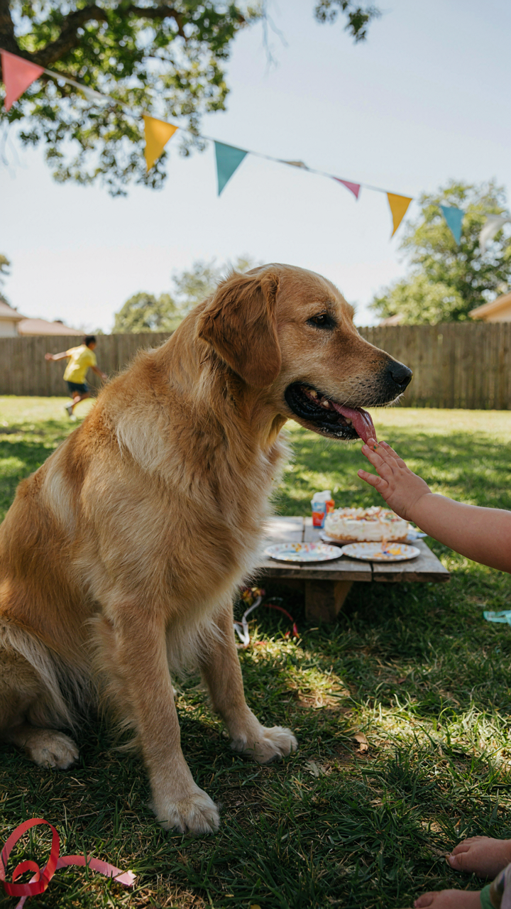 A child's hand gently pets a friendly dog at a birthday party.