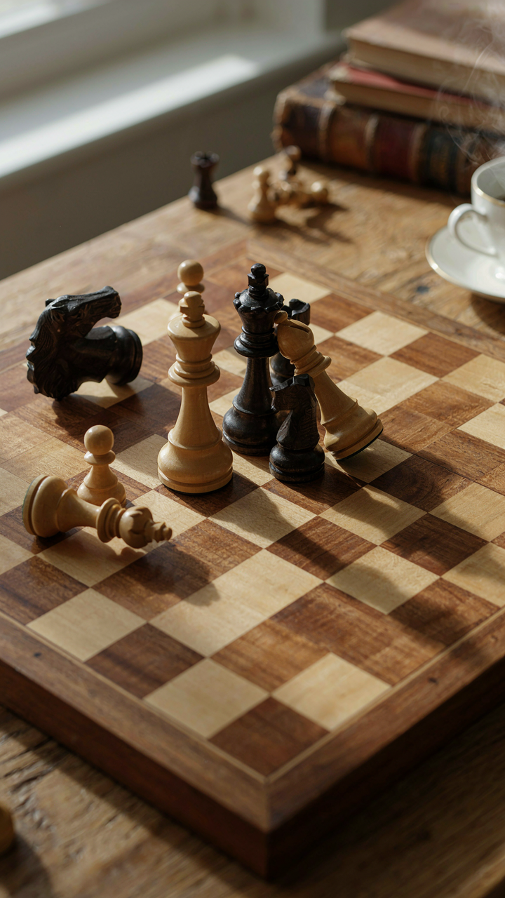 A chess board shows a complex game in progress, needing strategy.