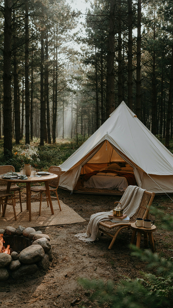 A luxury camping setup has clear zones for relaxing and eating.