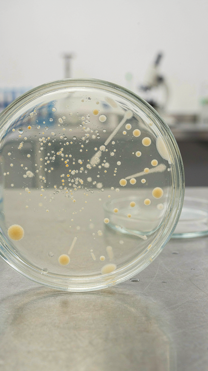 Bacteria colonies grow in a petri dish under bright lab lights.