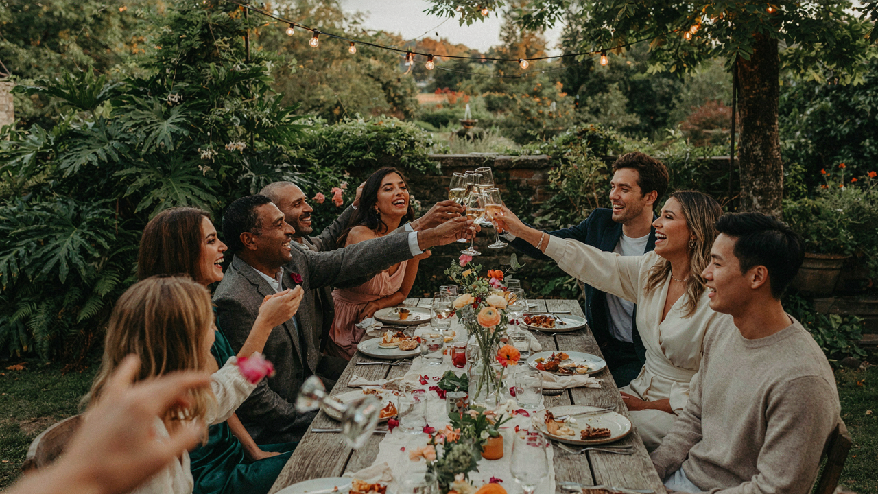 Adults laugh and clink glasses at an elegant outdoor dinner party celebrating a milestone birthday.