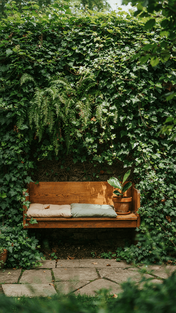 A simple built-in wooden bench in a minimalist secret garden.