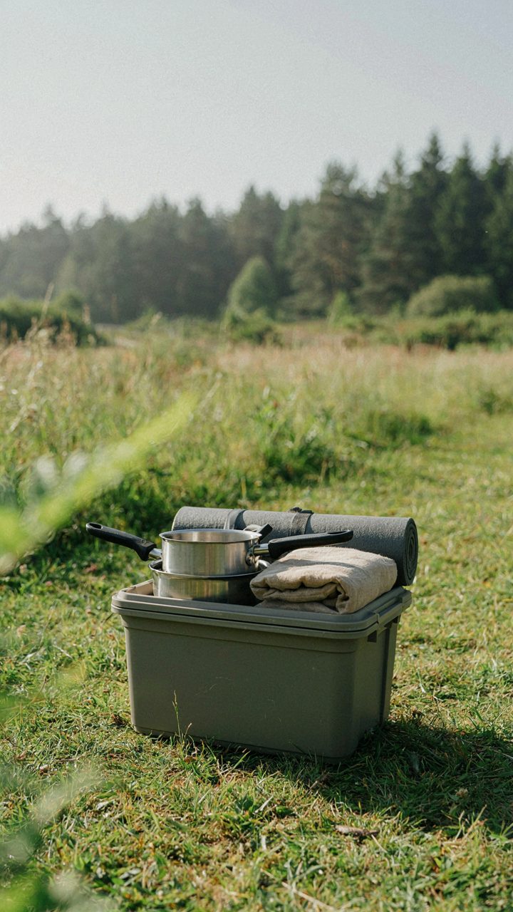 Essential camping gear is efficiently packed into one fixed-size camping storage bin.