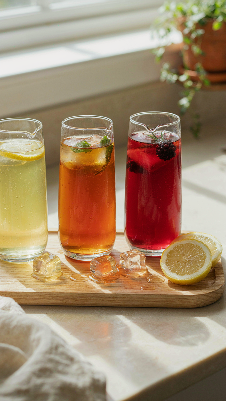 Three distinct iced tea pitchers on a wooden tray with lemon and ice.
