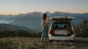 A person looks at mountains from a minimalist minivan camper conversion.