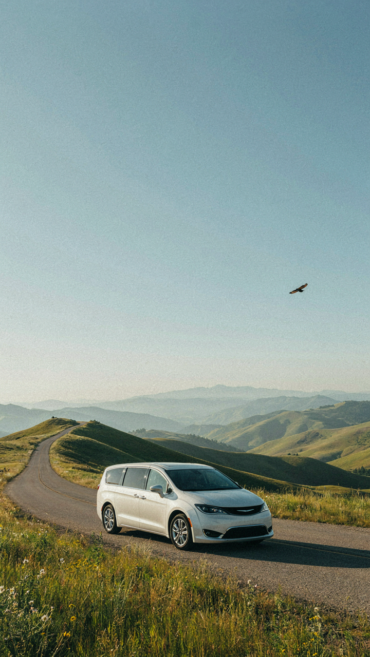 A modern minivan on a scenic road in a vast landscape.
