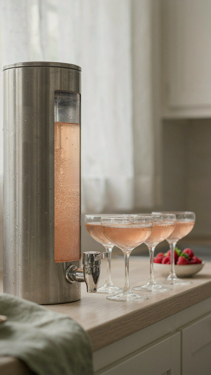 A large drink dispenser holds sparkling mocktails, with glasses ready.