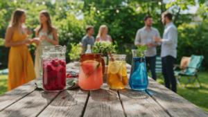 Colorful mocktail pitchers filled with fruit sit on a wooden table at a backyard party.