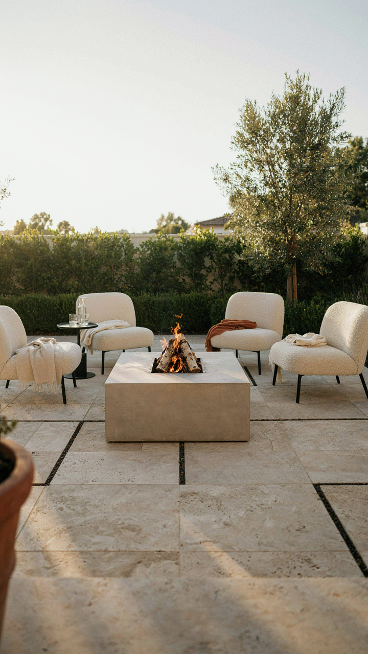 Modern fire pit seating is simply arranged for conversation.