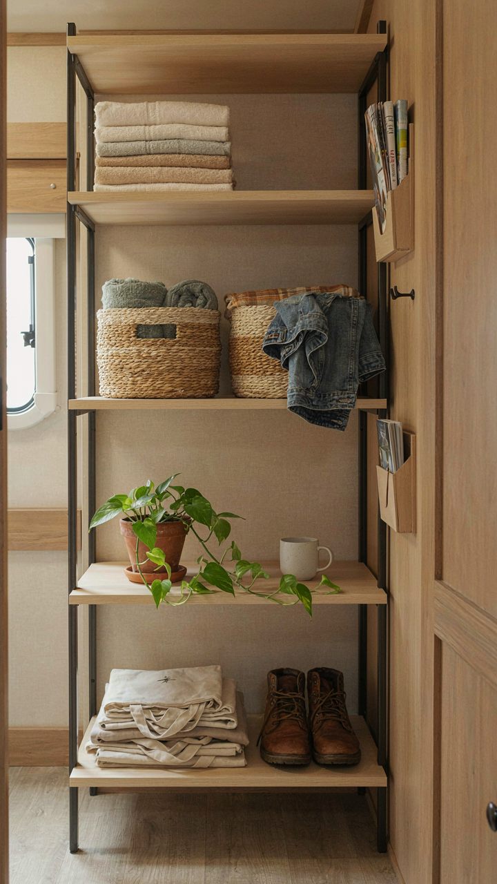 A modular shelving unit in an RV closet with adjustable shelves.
