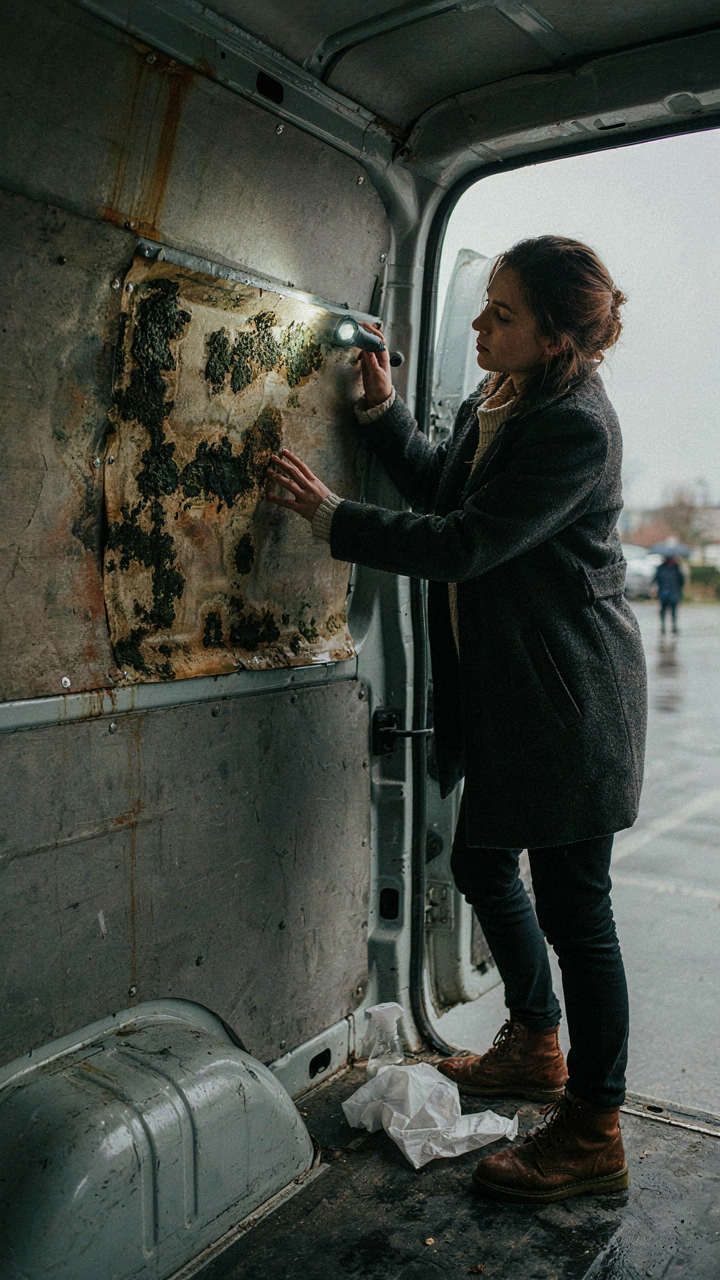 Person inspecting mold and water damage inside a van wall.