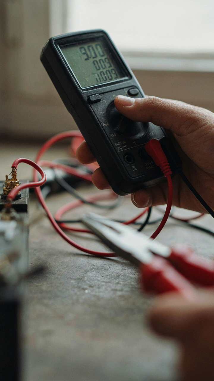 A person holds a digital multimeter showing three numbers on its screen.