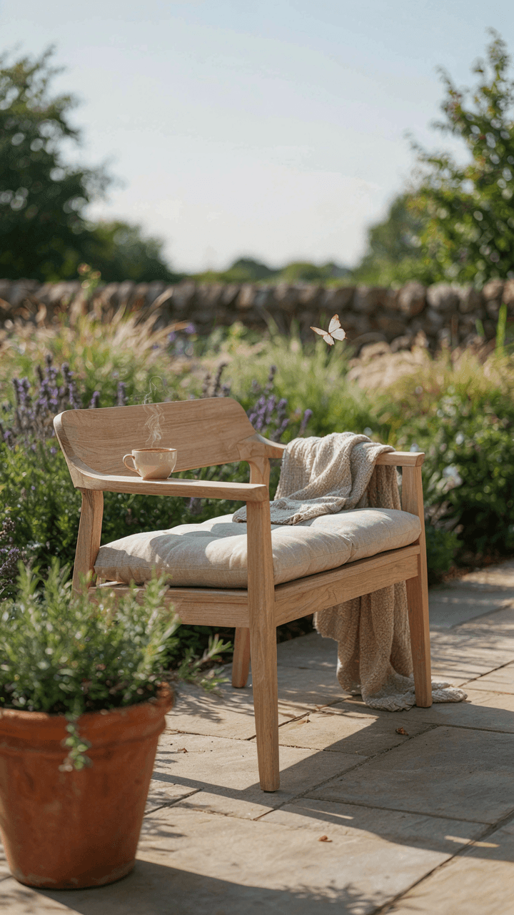 A comfortable, light-colored wooden moon garden bench with soft cushions.