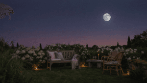 An elegant moon garden at twilight with comfortable outdoor seating and glowing white flowers.