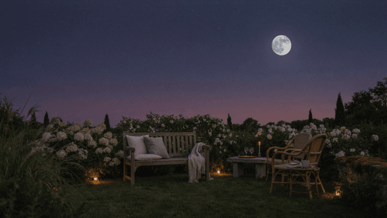 An elegant moon garden at twilight with comfortable outdoor seating and glowing white flowers.