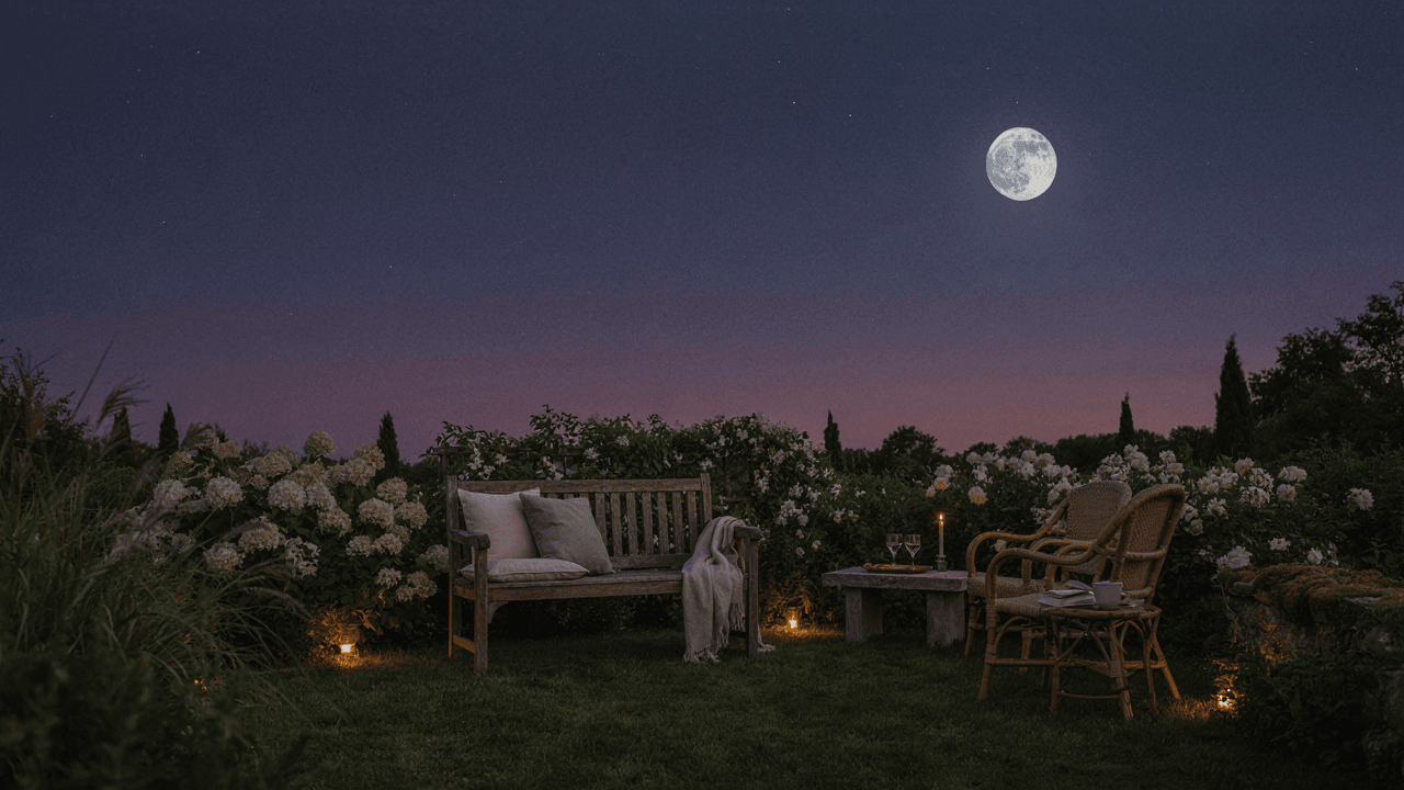 An elegant moon garden at twilight with comfortable outdoor seating and glowing white flowers.