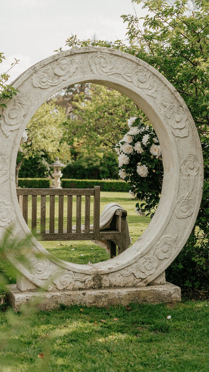 A beautiful moon gate arbor frames a view into a peaceful moon garden.