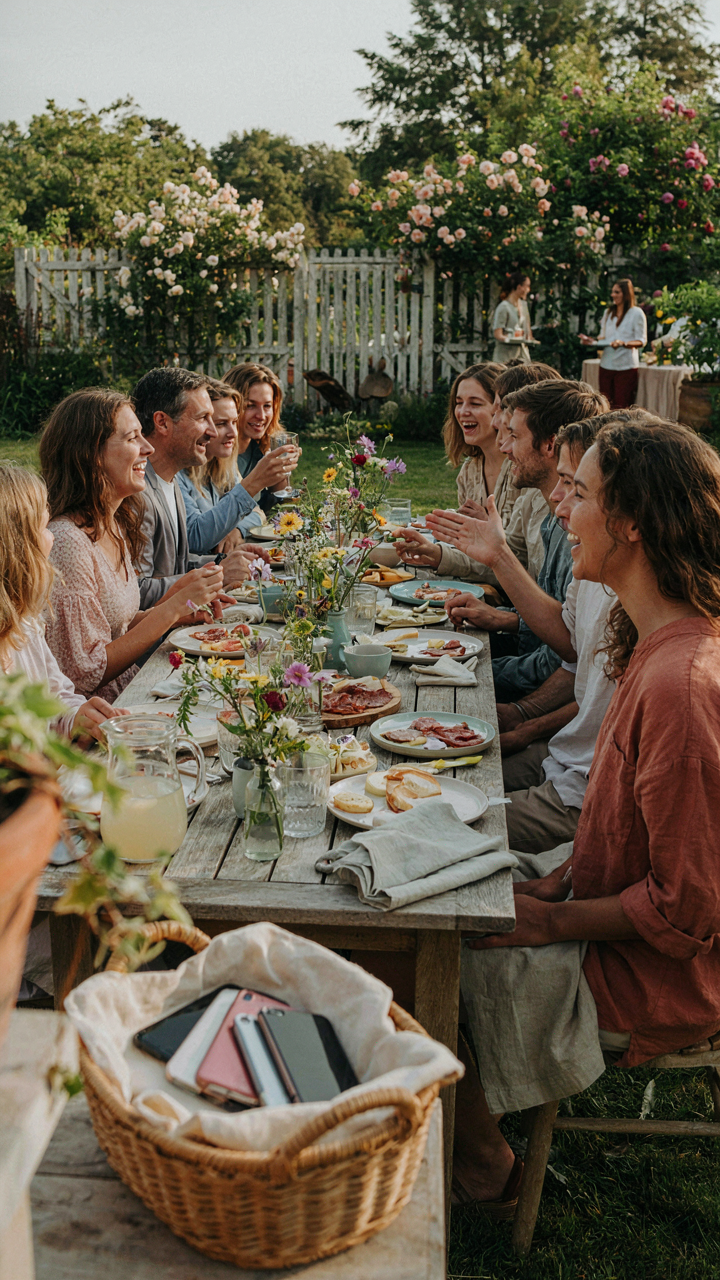 Friends and family laugh at a garden party, with phones neatly stacked in a basket.