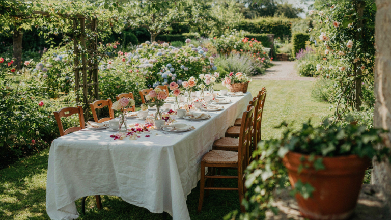A long table set in a sunny garden with white linens and rose petals for a mothers day garden party.
