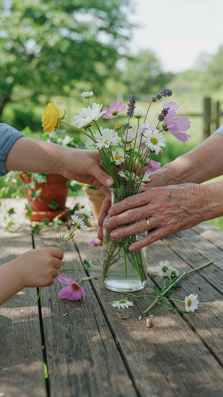 Several hands of different generations arrange flowers together in a vase on a garden table.