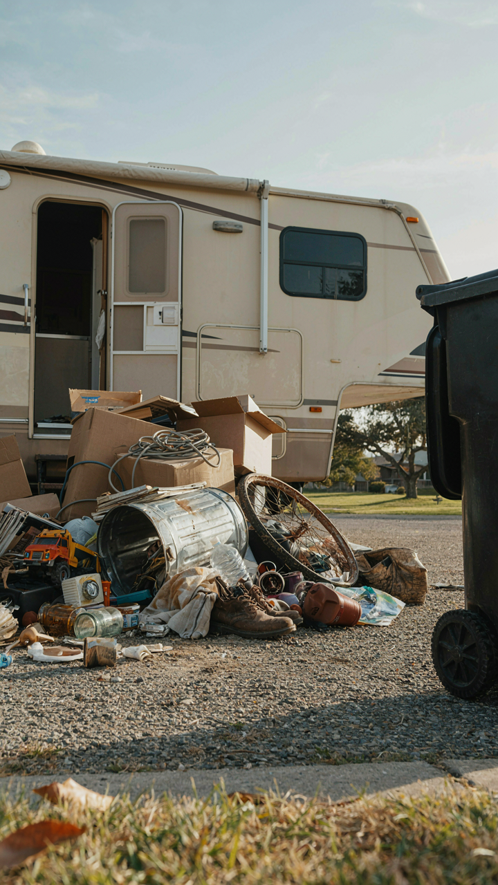 A large pile of items sits by an RV, ready to be thrown away.