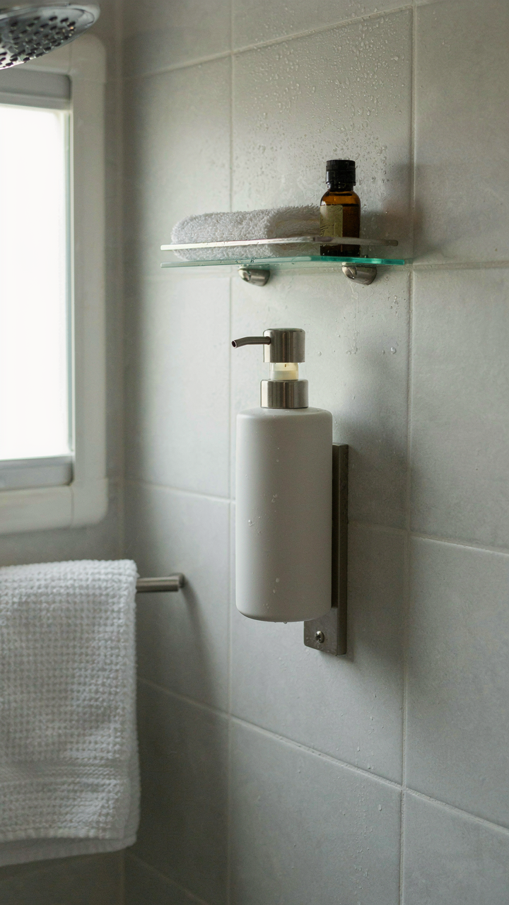 A wall-mounted dispenser holds soap for multiple uses in an RV bathroom.