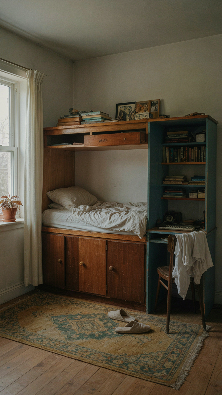 An awkward, clunky piece of multi-functional furniture sits unused in a small room.