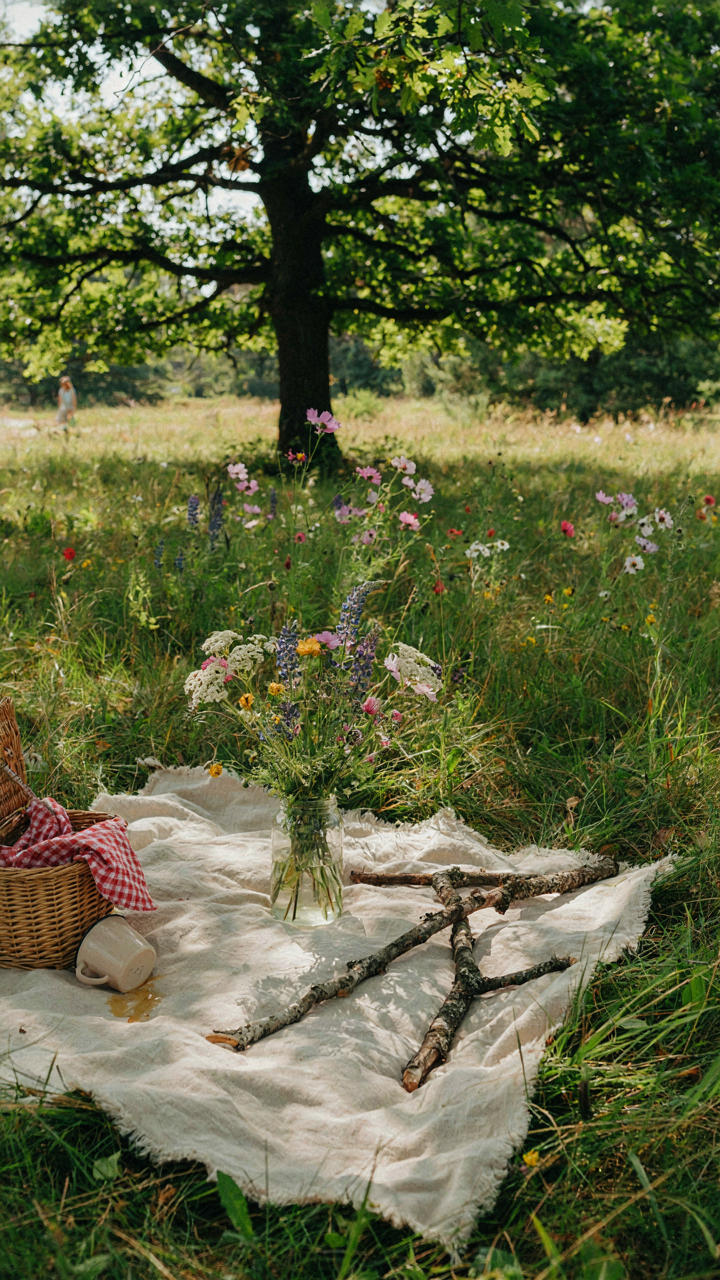 A boho picnic sits under a large leafy tree.