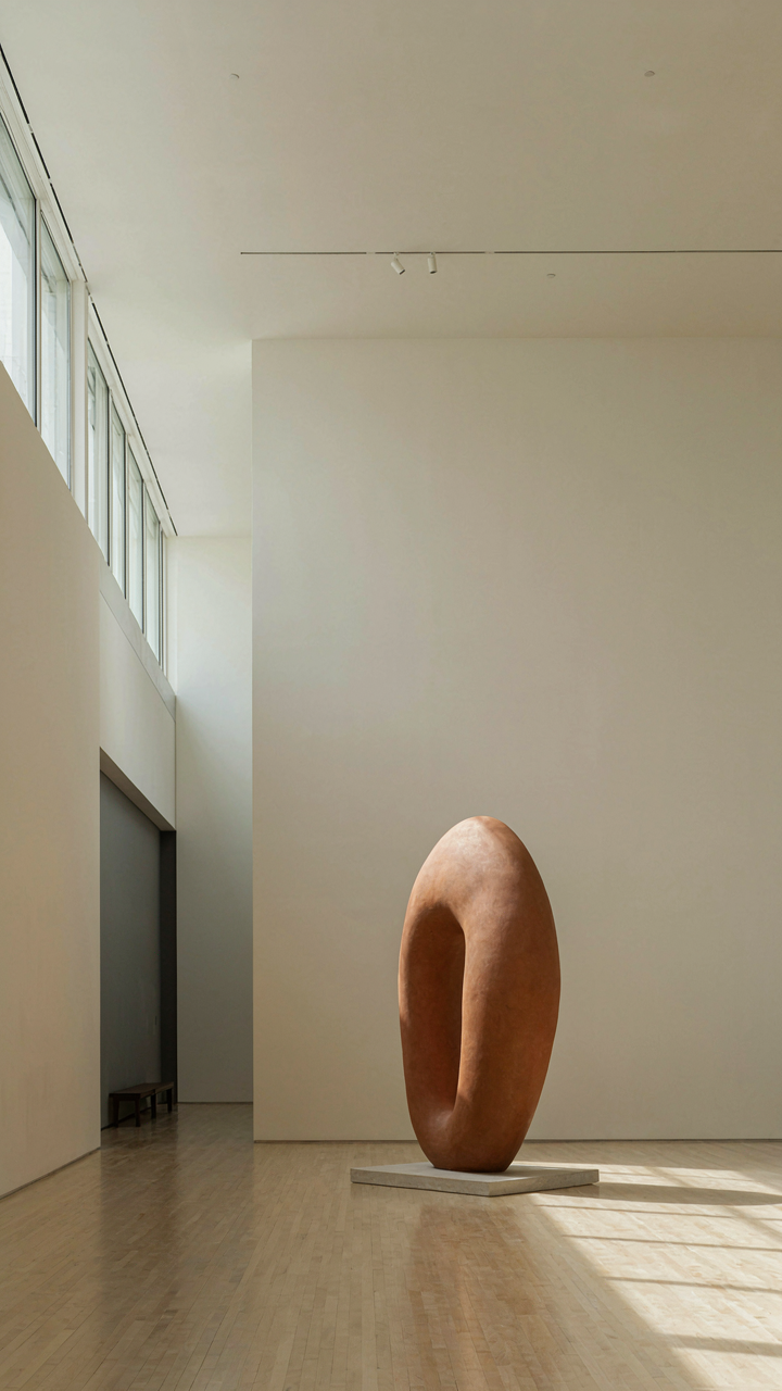 A modern art gallery with lots of empty wall space around a sculpture.