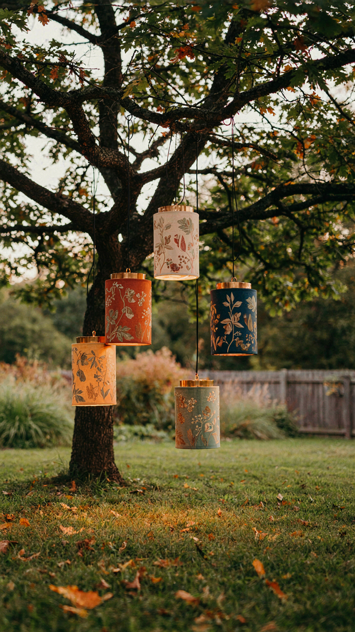Unique handcrafted lanterns hang from tree branches, creating a special atmosphere.